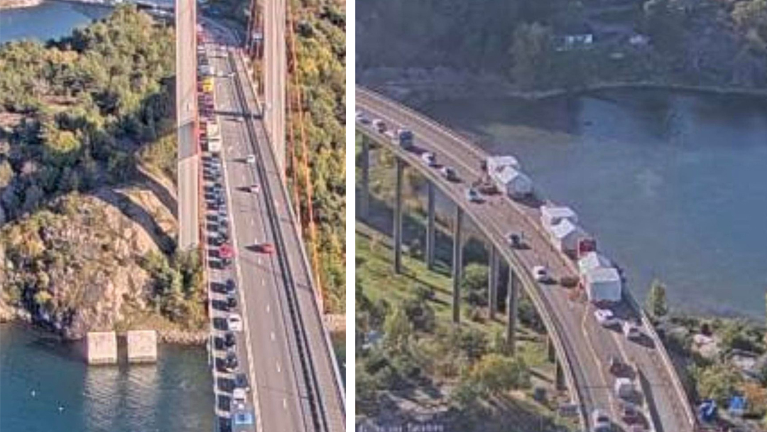 Stopp på Tjörnbron - Bred transport fastnat i vägarbetet