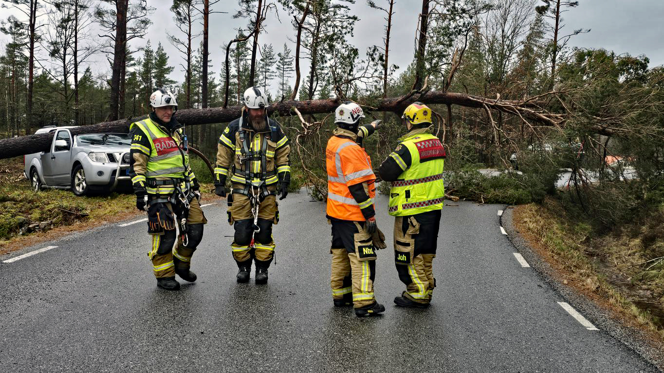 Strömavbrott, nedfallna träd och stängd Tjörnbro - Hårda vindar över STO-området